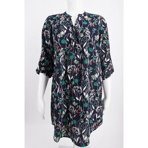 Jessy B Womens Tunic Top Dress 1X Floral Cottagecore Navy Blue Roll tab New